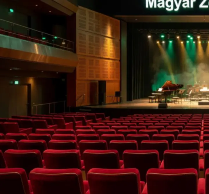 Magyarországi koncerthelyszín esti megvilágításban